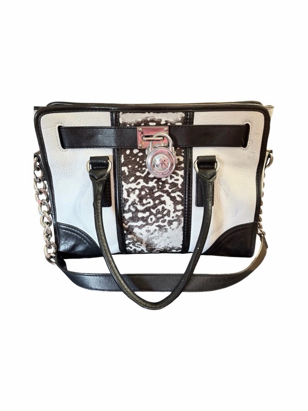 Michael Kors Hamilton Calf Hair Leopard Leather Satchel Crossbody Black / White